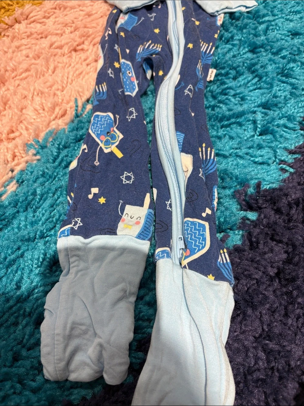 Navy Blue Holiday Menorah Print Footed One-Piece Pajamas - Zipper Front
